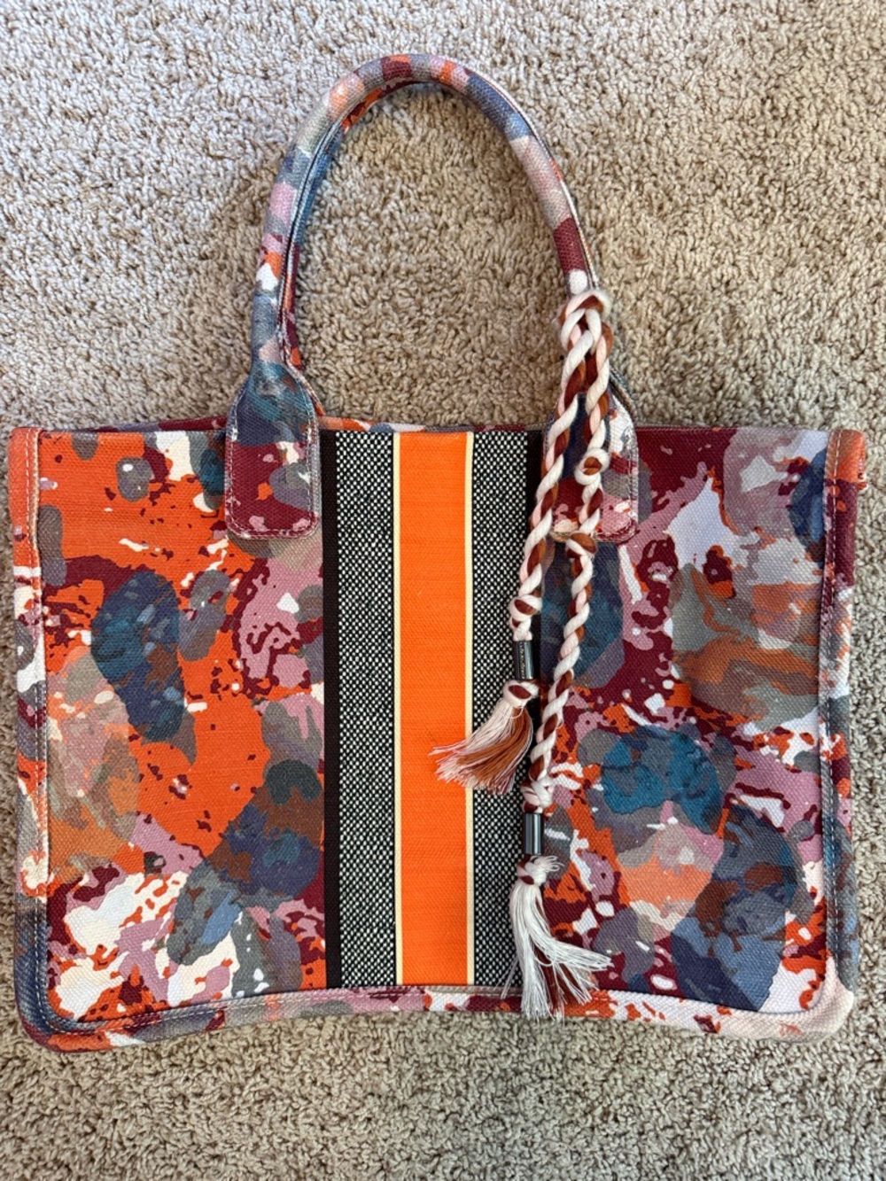 Vince Camuto Orange Multi-Color Canvas Tote with Braided Tassel
